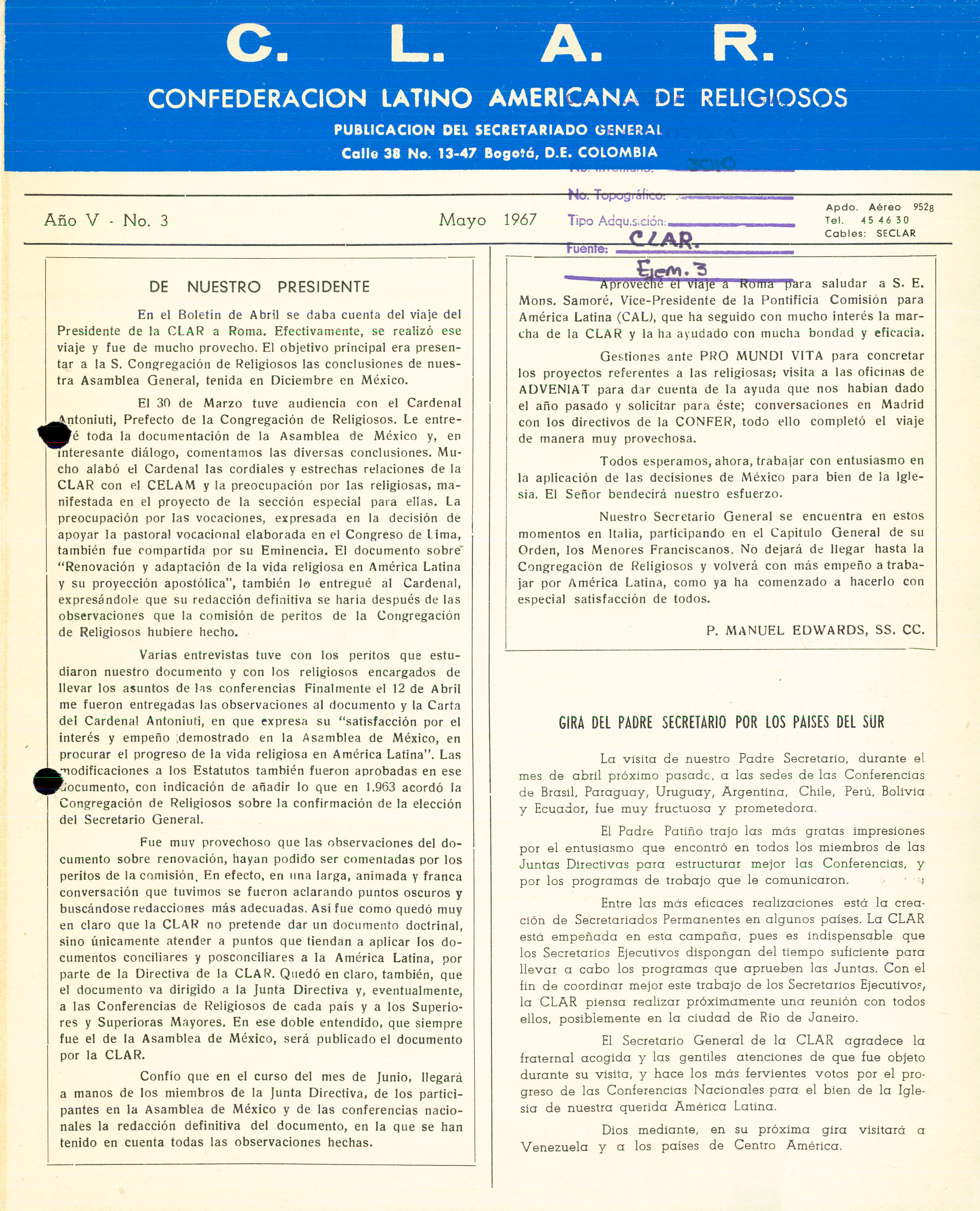 Boletín CLAR No 3 de 1967